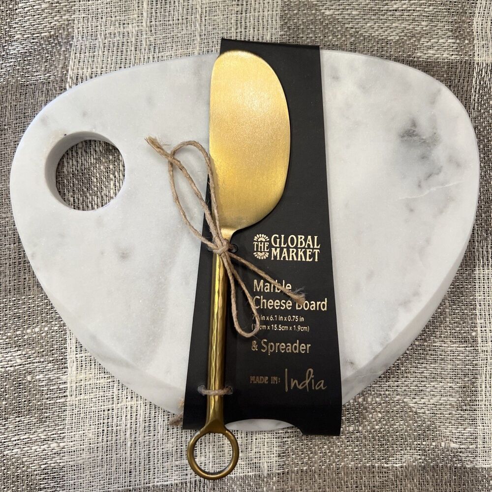 The Global Market Round Gray Marble Cheese Board w/Spreader Gray 7.1x6.1" NWT